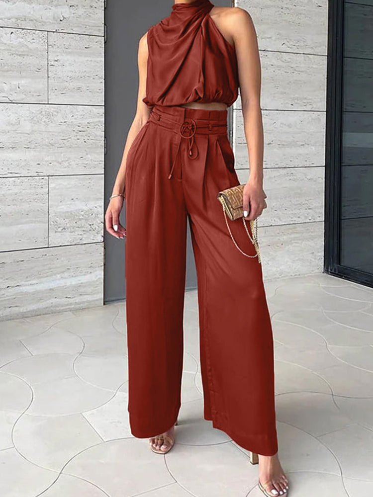 Marine | Ensemble Chic – Asymmetrisk Topp och Flödande Byxor
