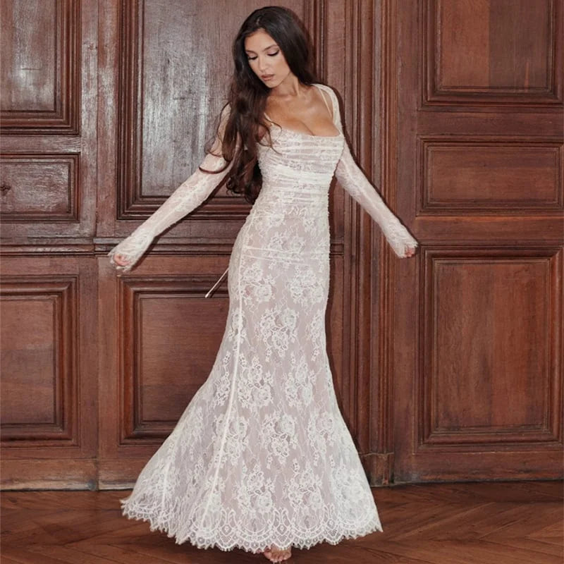 Ninon | Long Lace Dress with Drawstring and Shawl