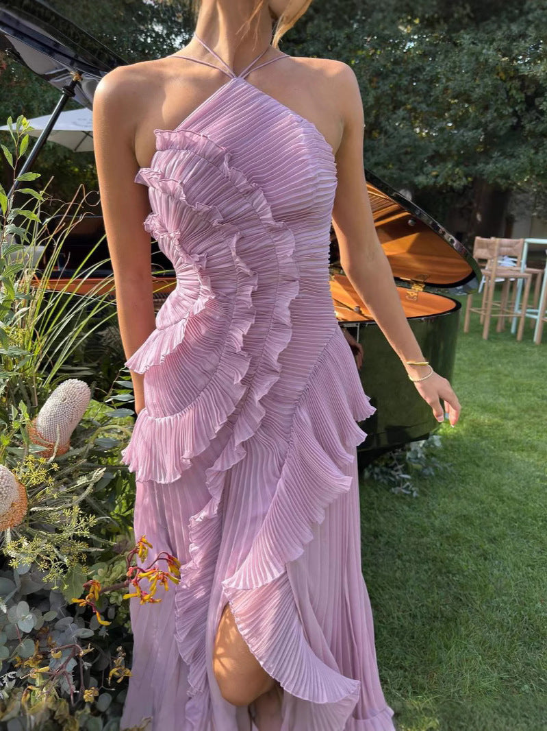 Jolyne | Vestido Largo Plisado – Corte Fluido y Volantes Femeninos