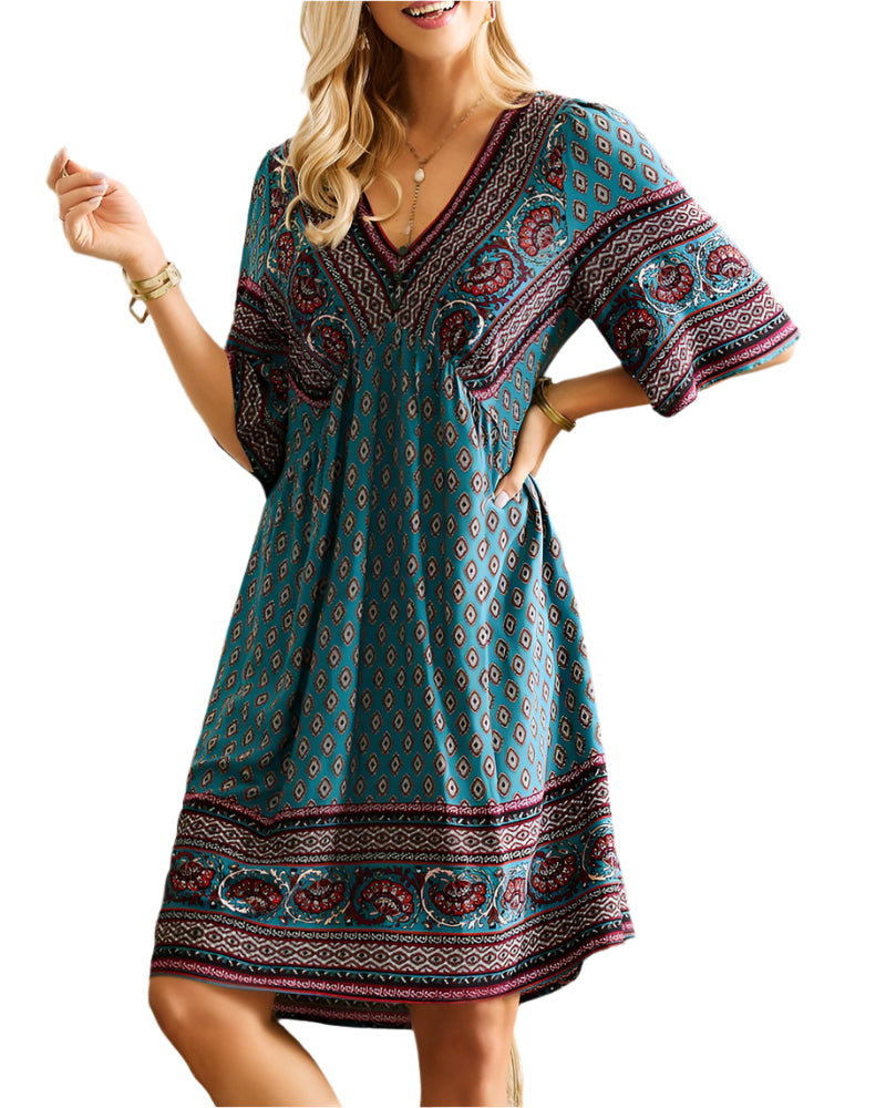Ivana | Boho Dress With V-Neck and Print