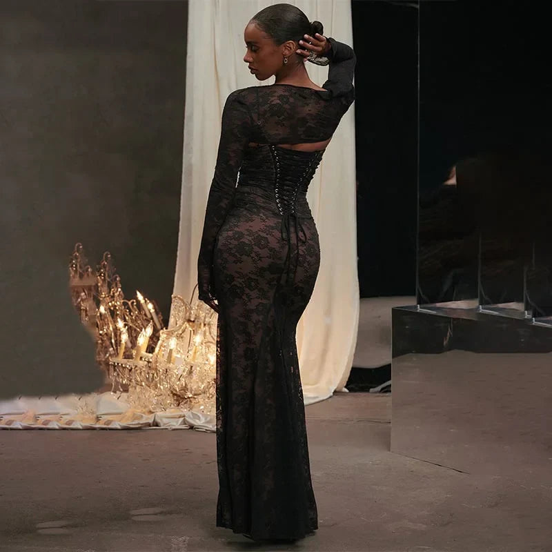 Ninon | Long Lace Dress with Drawstring and Shawl