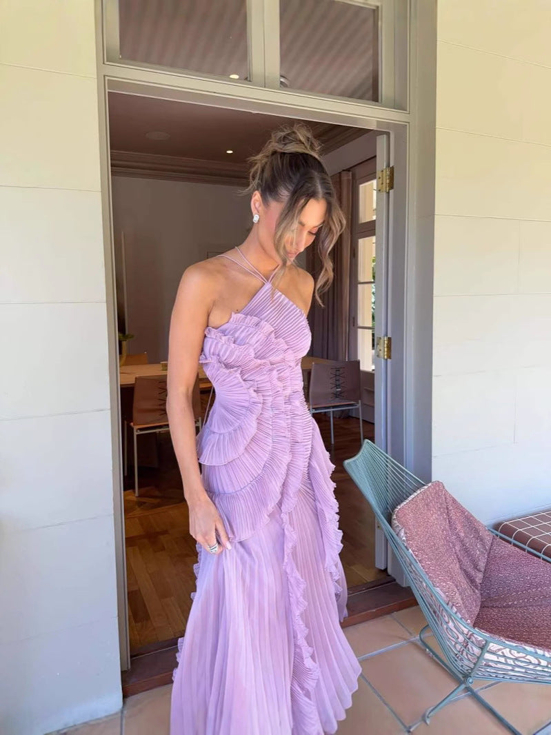 Jolyne | Vestido Largo Plisado – Corte Fluido y Volantes Femeninos