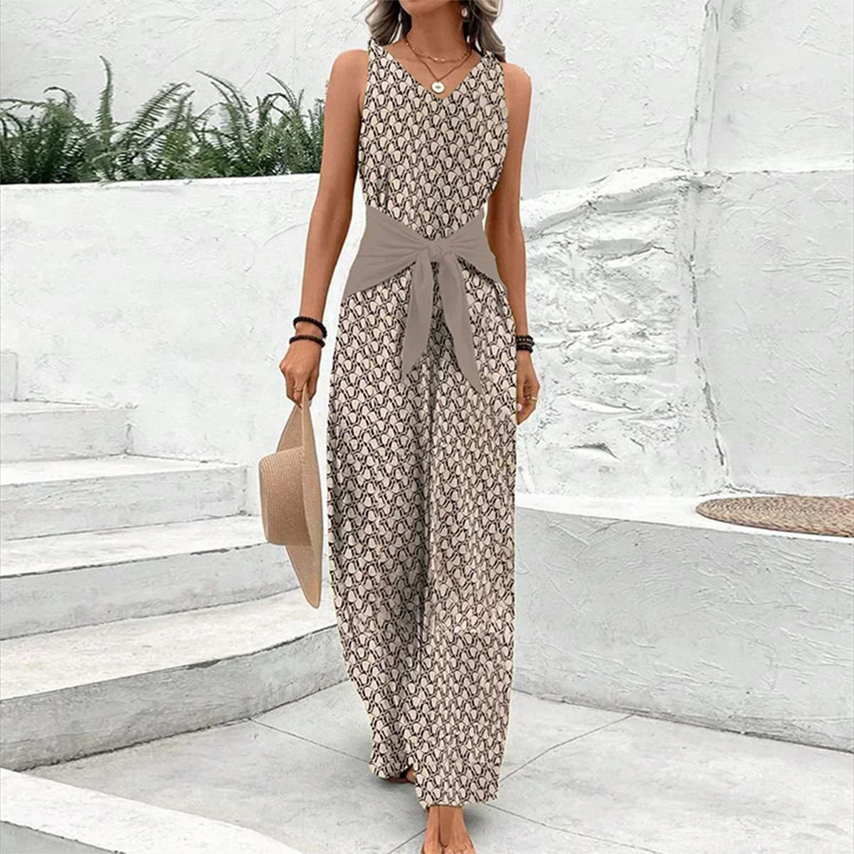 Juliana | Elegant jumpsuit med belte og geometrisk trykk 