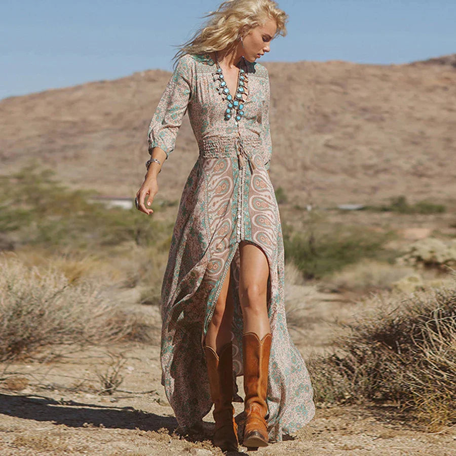 Catherine | Long Bohemian Dress – Chic Print and Fluid Cut 