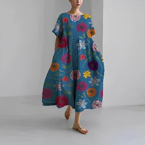 Dorothée | Pitkä Kuvioitu Mekko – Väljät ja Muodikkaat Leikkaukset 